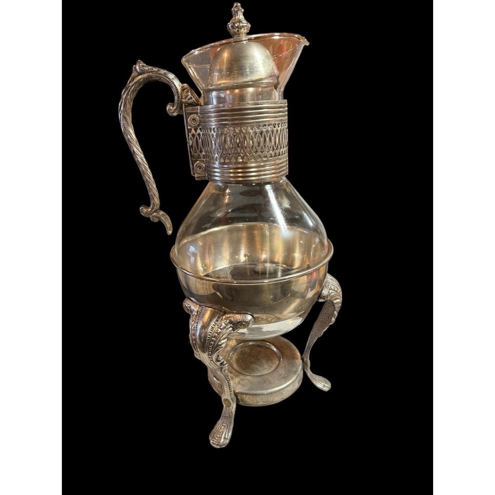 Silver and Glass Coffee Carafe, Silver Plated Warming Stand and Candle Holder